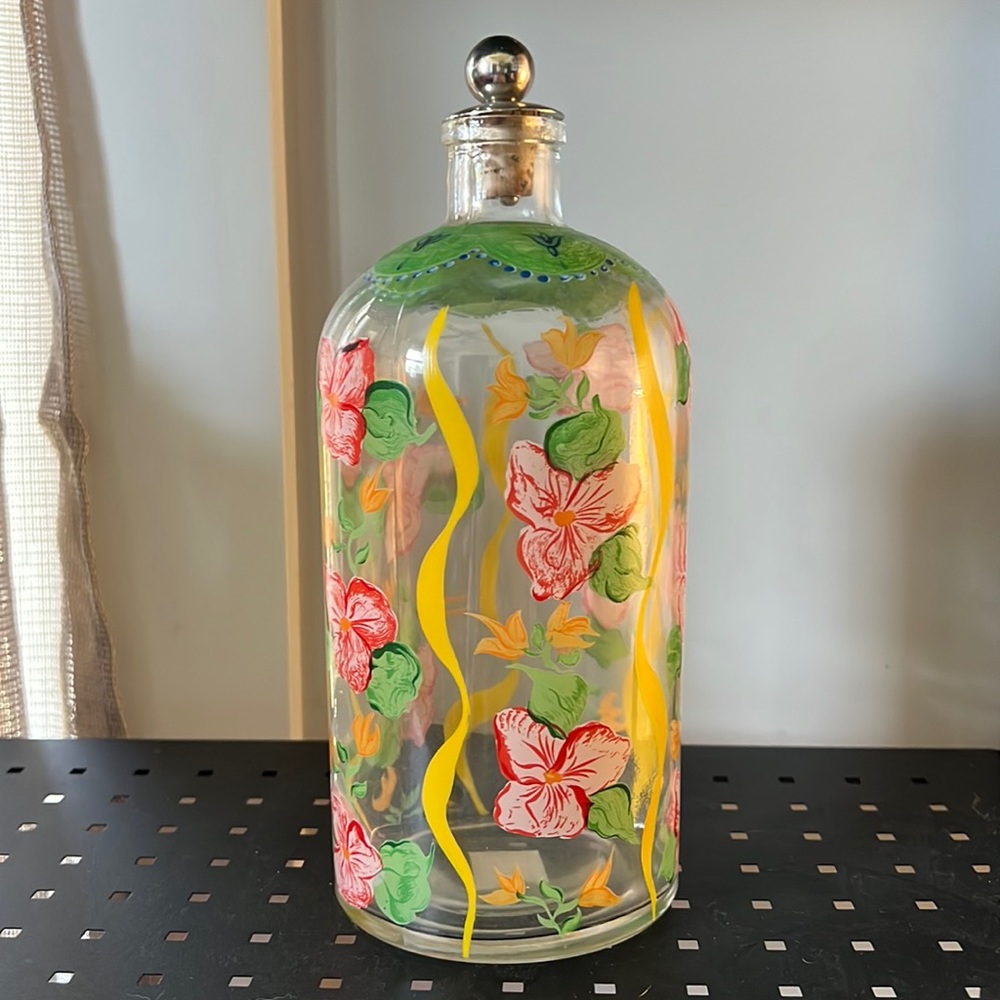 Vintage country Italian style hand painted decanter, oil bottle